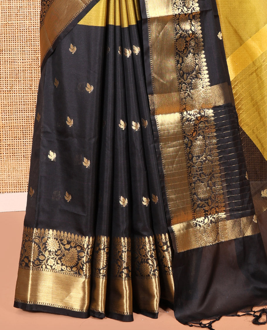Mehendi and Black Banarasi Tissue Saree, Adorned with Half-And-Half-Style and Zari Buttas All Over Its Body, Complemented by a Contrast Traditional Zari Design Border, a Self-Pallu, and Paired with a Matching Blouse