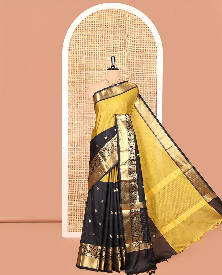 Mehendi and Black Banarasi Tissue Saree, Adorned with Half-And-Half-Style and Zari Buttas All Over Its Body, Complemented by a Contrast Traditional Zari Design Border, a Self-Pallu, and Paired with a Matching Blouse