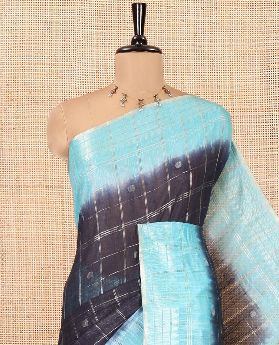 Navy Blue Bhagalpur Cotton Saree, Adorned with Zari Butta Enclosed Checked Design on Its Body, Complemented by a Contrast Checked Border, Pallu of Stripes and Buttas, and Paired with a Contrast Blouse