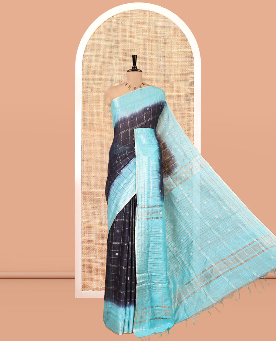 Navy Blue Bhagalpur Cotton Saree, Adorned with Zari Butta Enclosed Checked Design on Its Body, Complemented by a Contrast Checked Border, Pallu of Stripes and Buttas, and Paired with a Contrast Blouse
