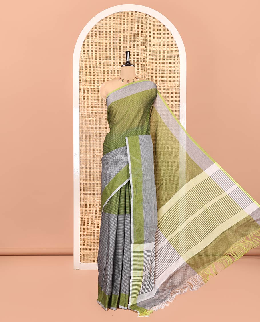 Grey and Mehenti Chettinad Cotton Saree, Decked up with Half-And-Half-Style Horizontal Stripes on Its Body, a Subtle Contrast Border, and Has No Blouse