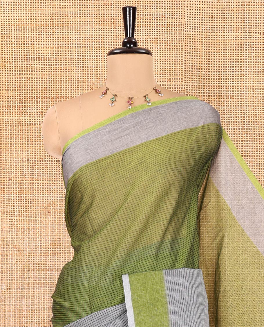 Grey and Mehenti Chettinad Cotton Saree, Decked up with Half-And-Half-Style Horizontal Stripes on Its Body, a Subtle Contrast Border, and Has No Blouse