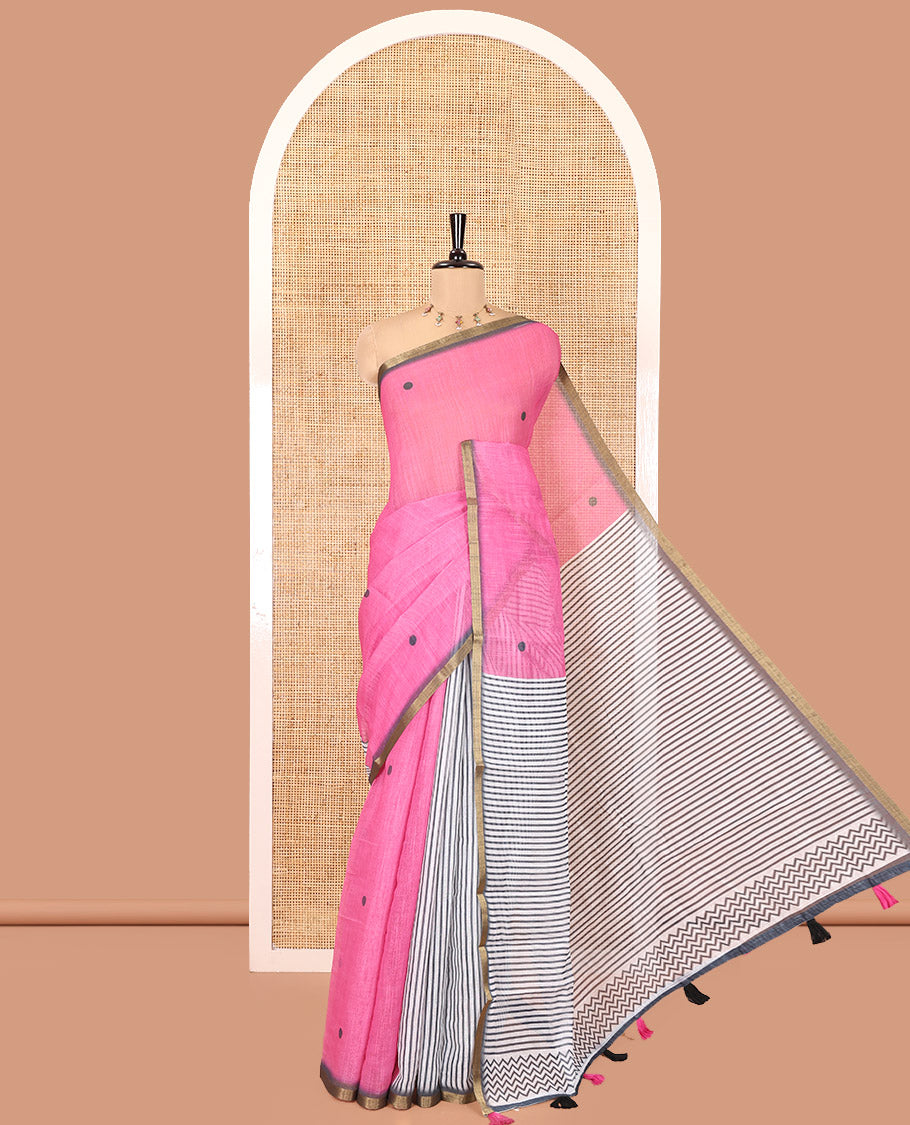 Pink Linen Cotton Saree, Adorned with Half-And-Half-Style Polka Dots, a Subtle Piping Border, Contrast Vertically Striped Pallu, and a Contrast Blouse