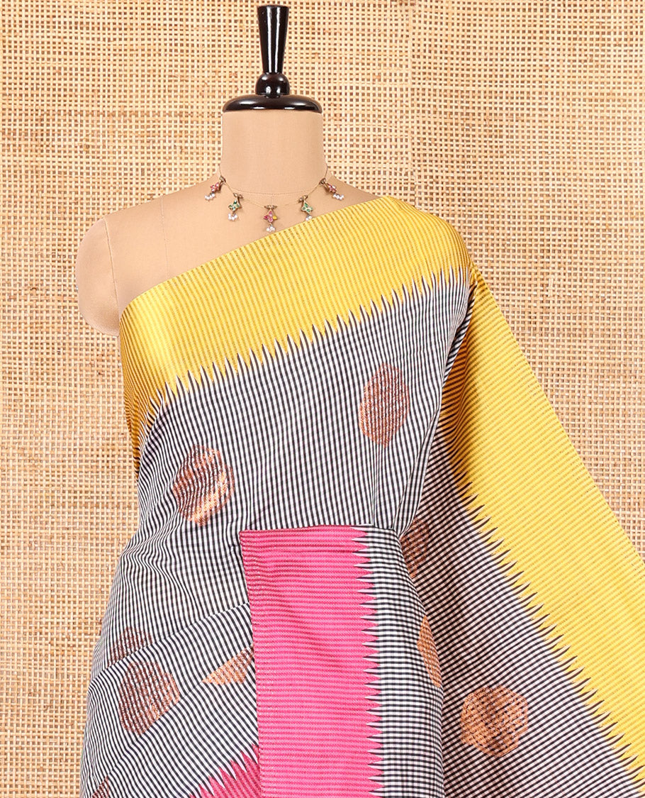 Black-Yellow Kanchi Silk Saree Features Checks and Buttas, Contrast Ganga-Jamuna Temple Border, and Contrast Blouse