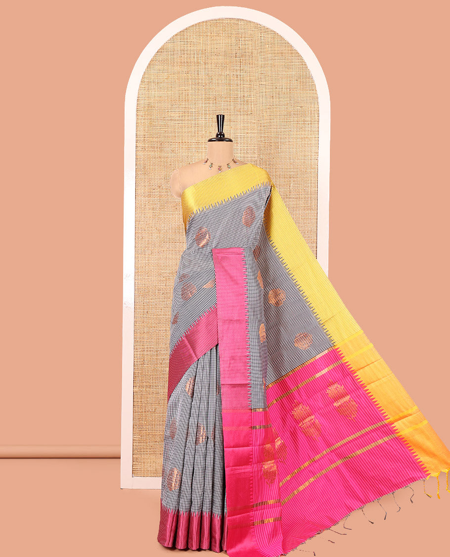 Black-Yellow Kanchi Silk Saree Features Checks and Buttas, Contrast Ganga-Jamuna Temple Border, and Contrast Blouse