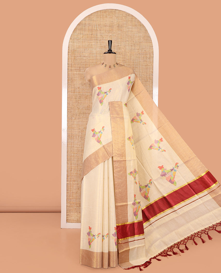 Gold India-Themed Printed Kerala Tissue Saree, a Bavanji Border, a Contrast Satin Pallu, and a Matching Blouse