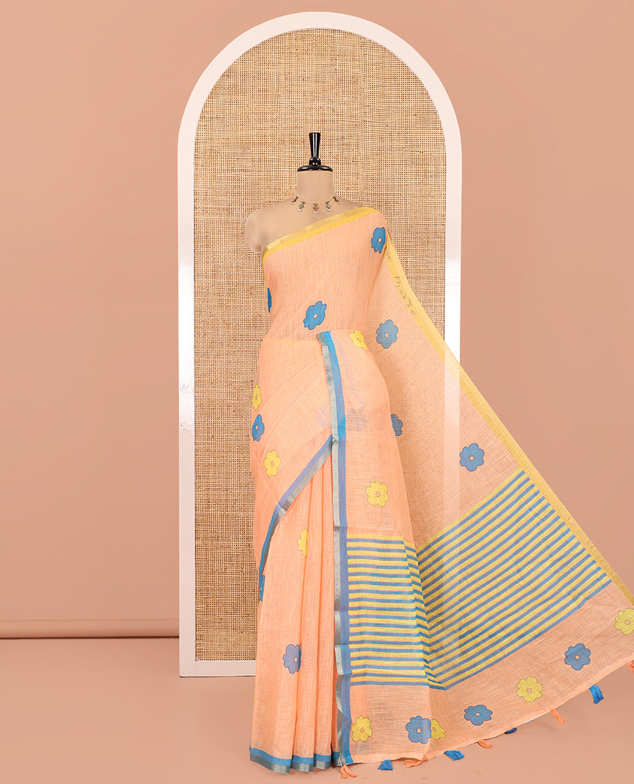 Orange Linen Cotton Saree, Beautified with Flower Buttas, a Contrast Border, Multi-Color Striped Pallu, and a Contrast Blouse