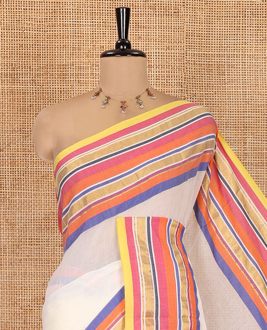 Blue-Cream Plain Khadi Mul Cotton Saree, a Contrast Multi-color Striped Border, a Self-Pallu, and No Blouse