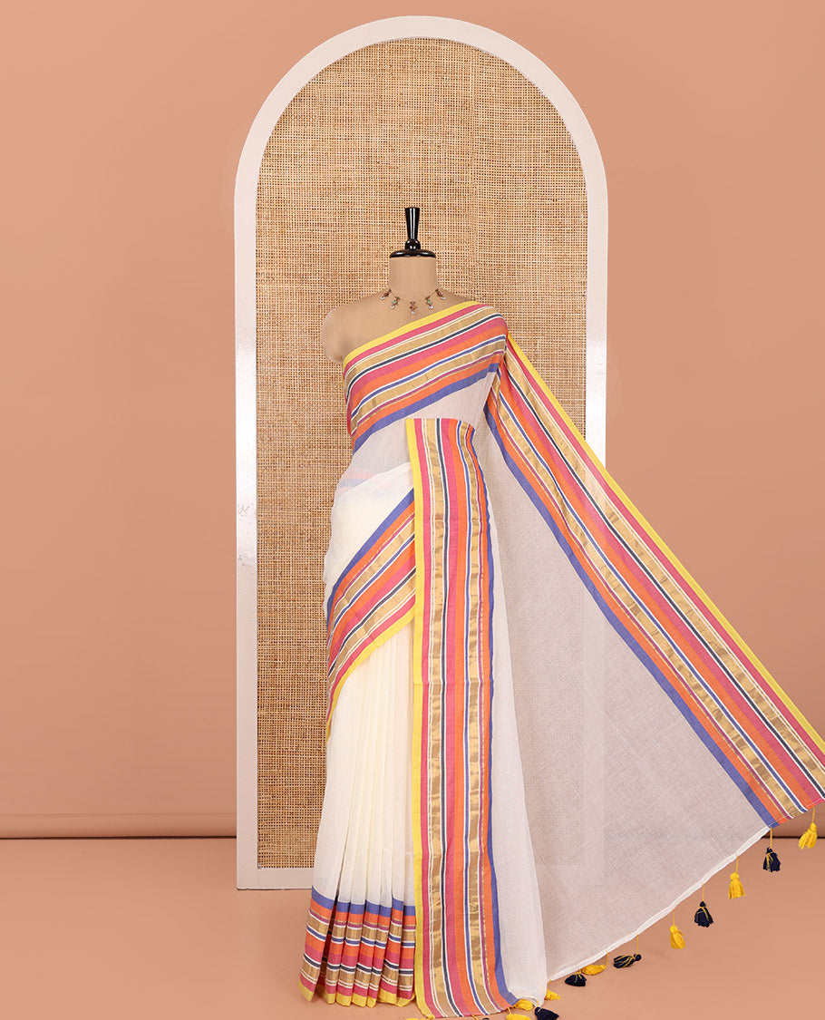 Blue-Cream Plain Khadi Mul Cotton Saree, a Contrast Multi-color Striped Border, a Self-Pallu, and No Blouse