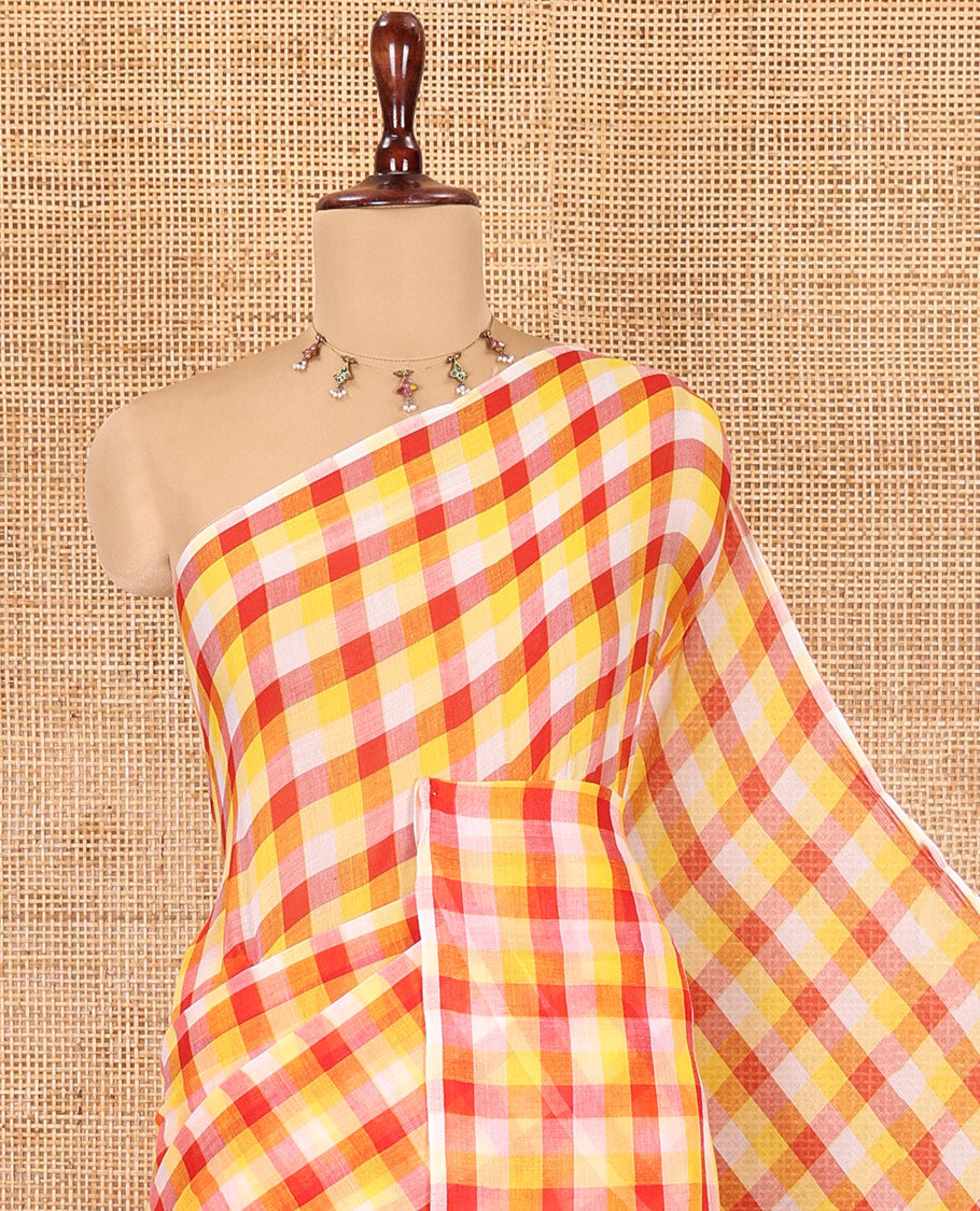 Borderless Red-Yellow Khadi Mul Cotton Saree, Adorned with Madras Checks, Comes without Blouse