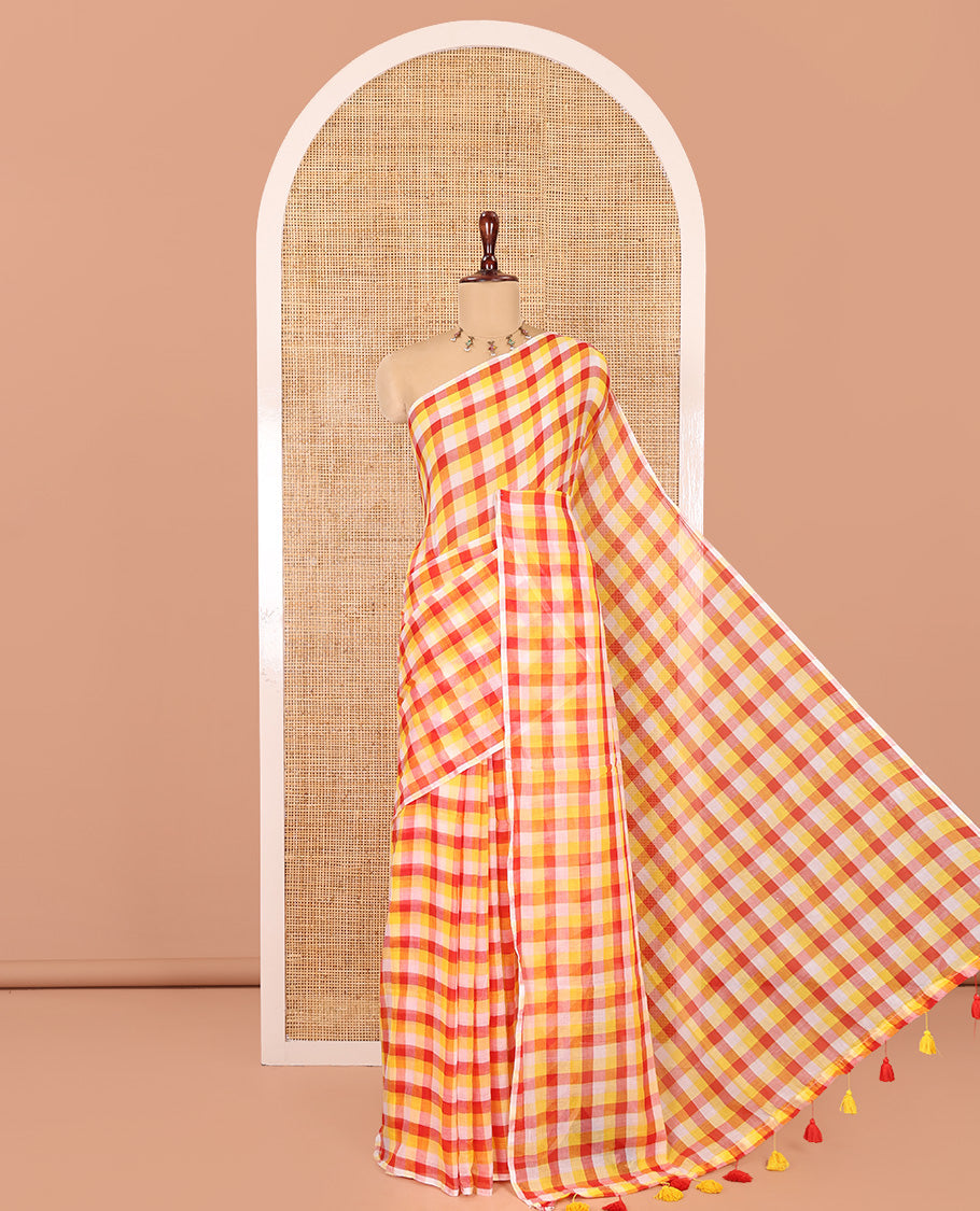 Borderless Red-Yellow Khadi Mul Cotton Saree, Adorned with Madras Checks, Comes without Blouse