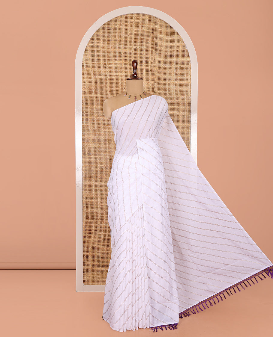 Borderless White-Violet Rangoli Chiffon Saree, Gleamed Up with Foil-Printed Leheriya Stripes, a Contrast Sequins Blouse