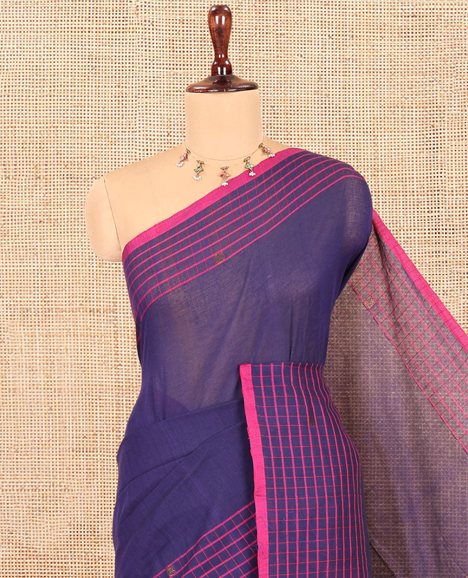 Navy Blue Plain Khadi Mul Cotton Saree, Contrast Dobby-Style Buttas and Striped Border, and Gleaming Striped Pallu
