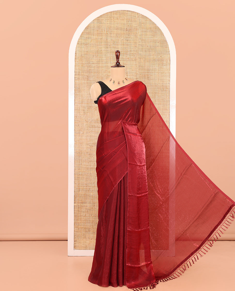 Borderless Maroon Plain Fendi Chiffon Saree, a Self-Pallu, and a Matching Peacock Embroidered Blouse