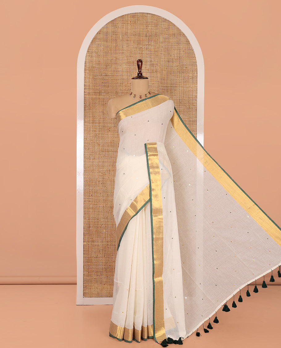 Cream Khadi Mul Cotton Saree, Gleamed Up with Sequined Work, Contrast Gold Zari Border, a Self-Pallu, and a Matching Blouse