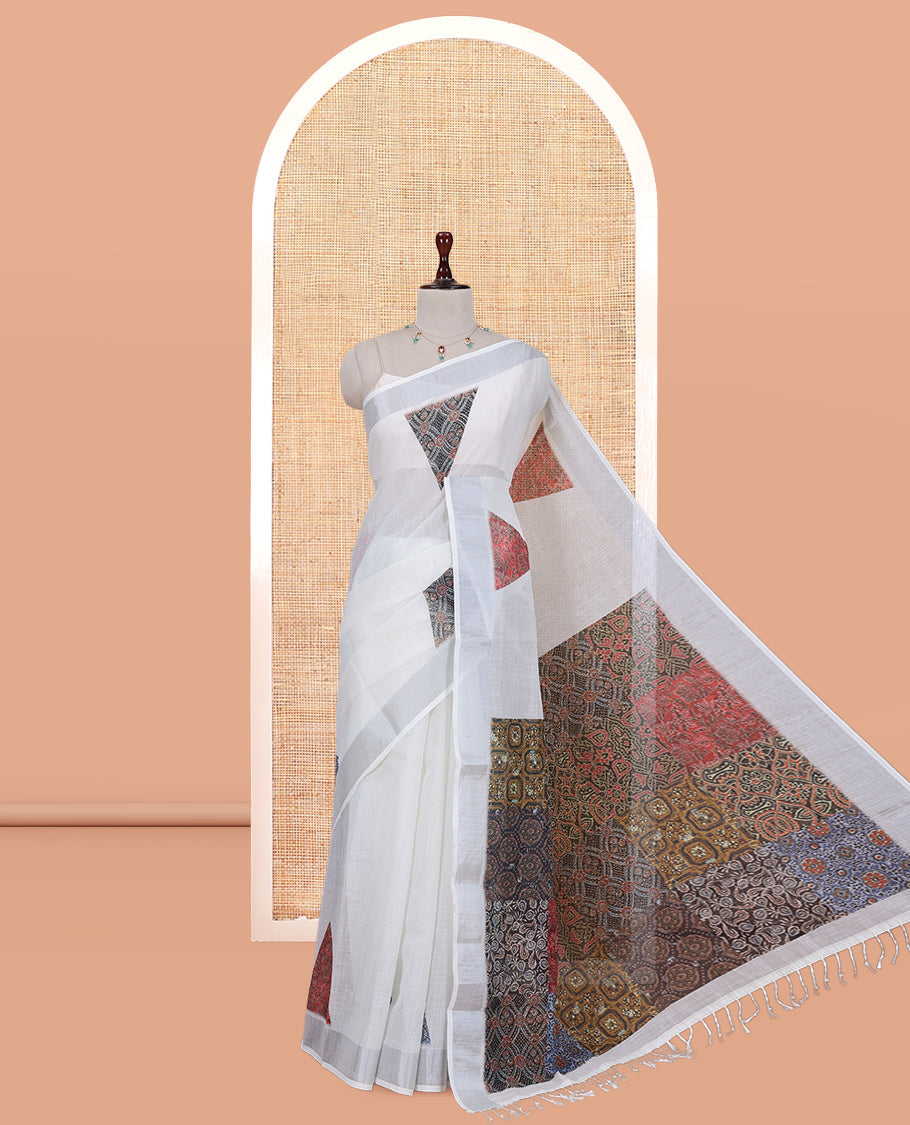 Cream Linen Cotton Saree, Embellished with Triangle Print, a Subtle Zari Border, Ajrakh Patch Printed Pallu, and a Contrast Blouse