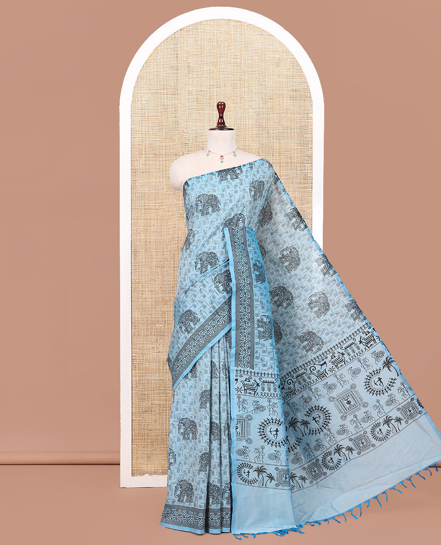 Blue South Cotton Saree Features Leaf and Elephant Motifs Print, a Subtle Printed Border, and a Matching Blouse