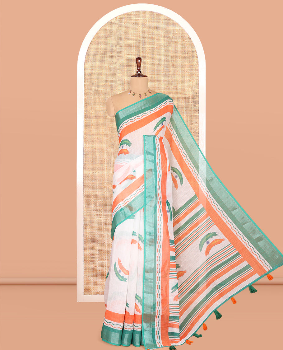 White Linen Cotton Saree Features Indian-Flag Buttas, a Contrast Border, Striped Pallu, Contrast Blouse