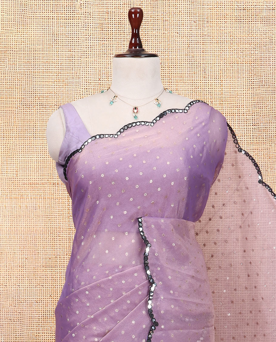Lavender Shimmer Chiffon Saree, Steeped with Buttas, a Scallop Mirror Work Border, and a Matching Blouse