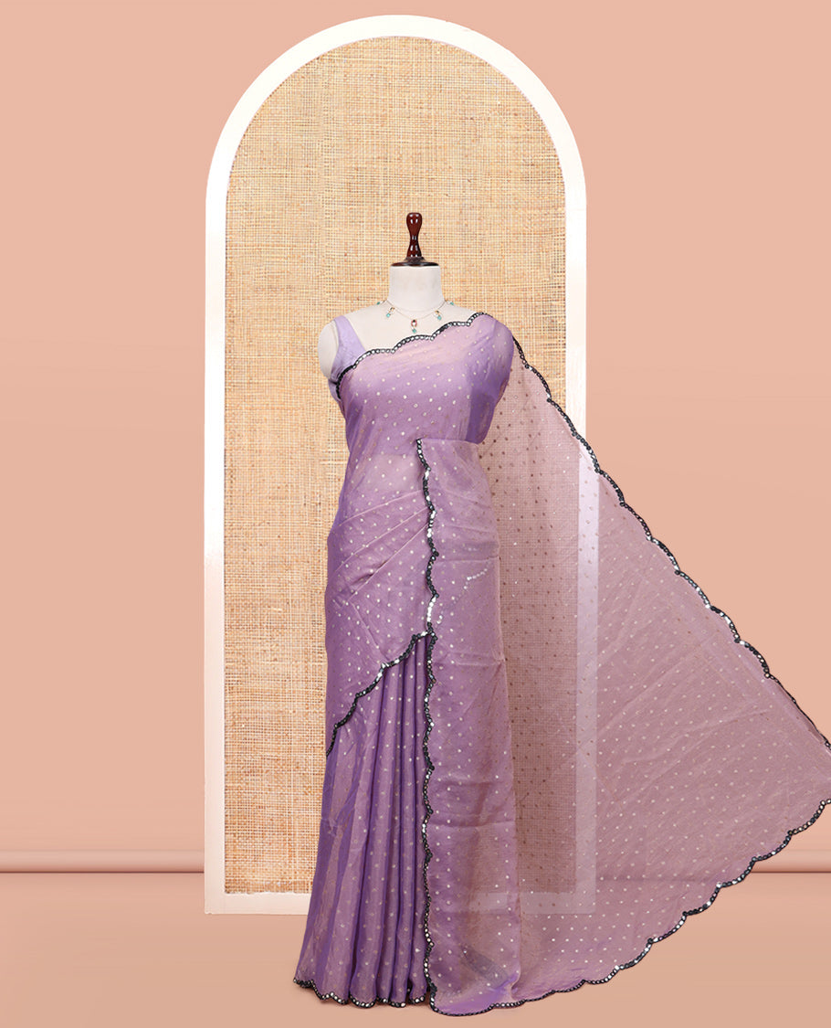 Lavender Shimmer Chiffon Saree, Steeped with Buttas, a Scallop Mirror Work Border, and a Matching Blouse