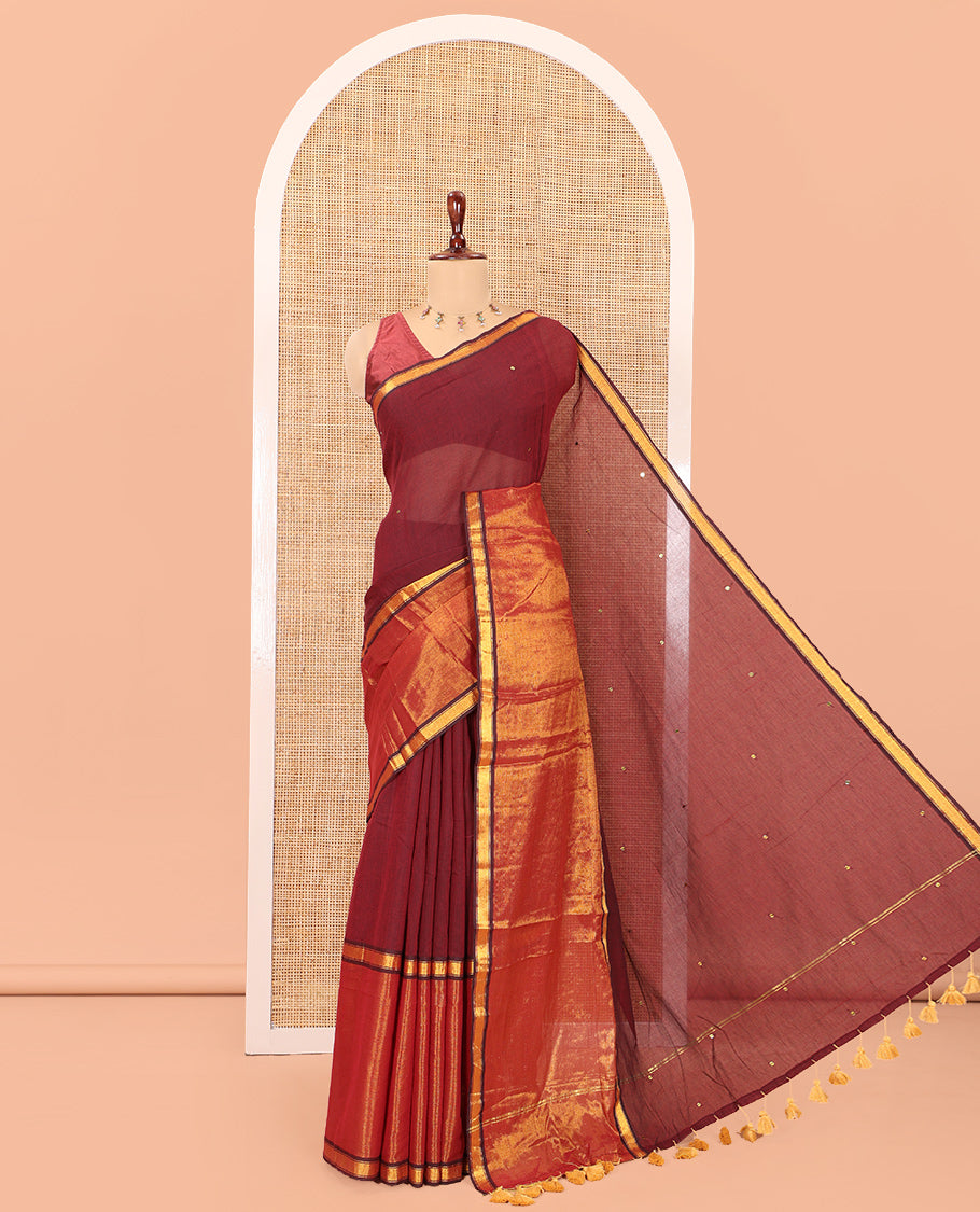 Purple Khadi Mul Cotton Saree, Gleamed Up with Sequins Work, a Golden Zari Border, Self-Pallu, and a No Blouse