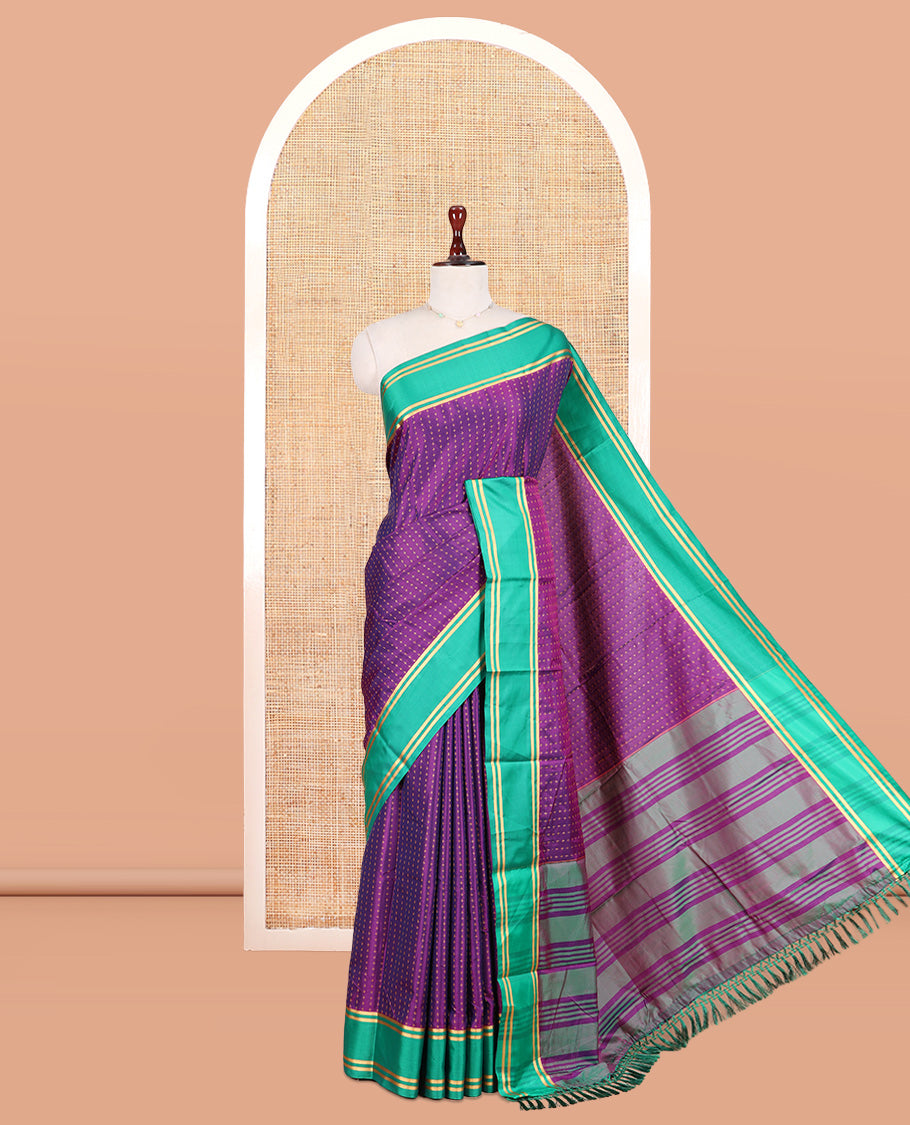 Purple Semi-Soft Silk Saree Steeped with Plus-Shaped Buttas, Contrast Border, and a Matching Blouse