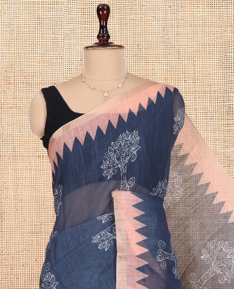 Grey Linen Cotton Saree Features Tree Motifs, Contrast Temple Border, Animal Motif Pallu, Contrast Blouse