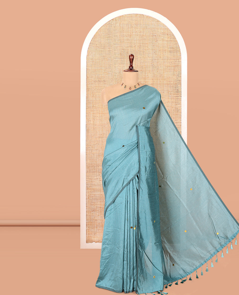 Borderless Dusky Green Vichitra Saree Features Gleaming Sequin Work, and a Matching Blouse
