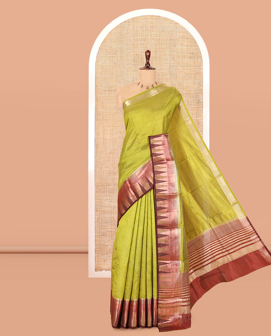 Green Plain Semi-Tussar Saree, Contrast Traditional Temple Border, Striped Pallu, Contrast Blouse