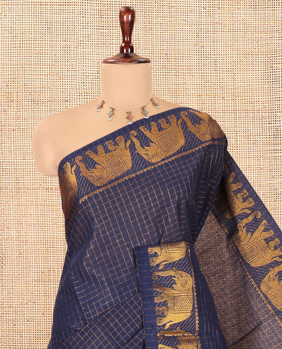 Navy Blue Checked Sungudi Cotton Saree, an Elephant Zari Border, and a Matching Blouse