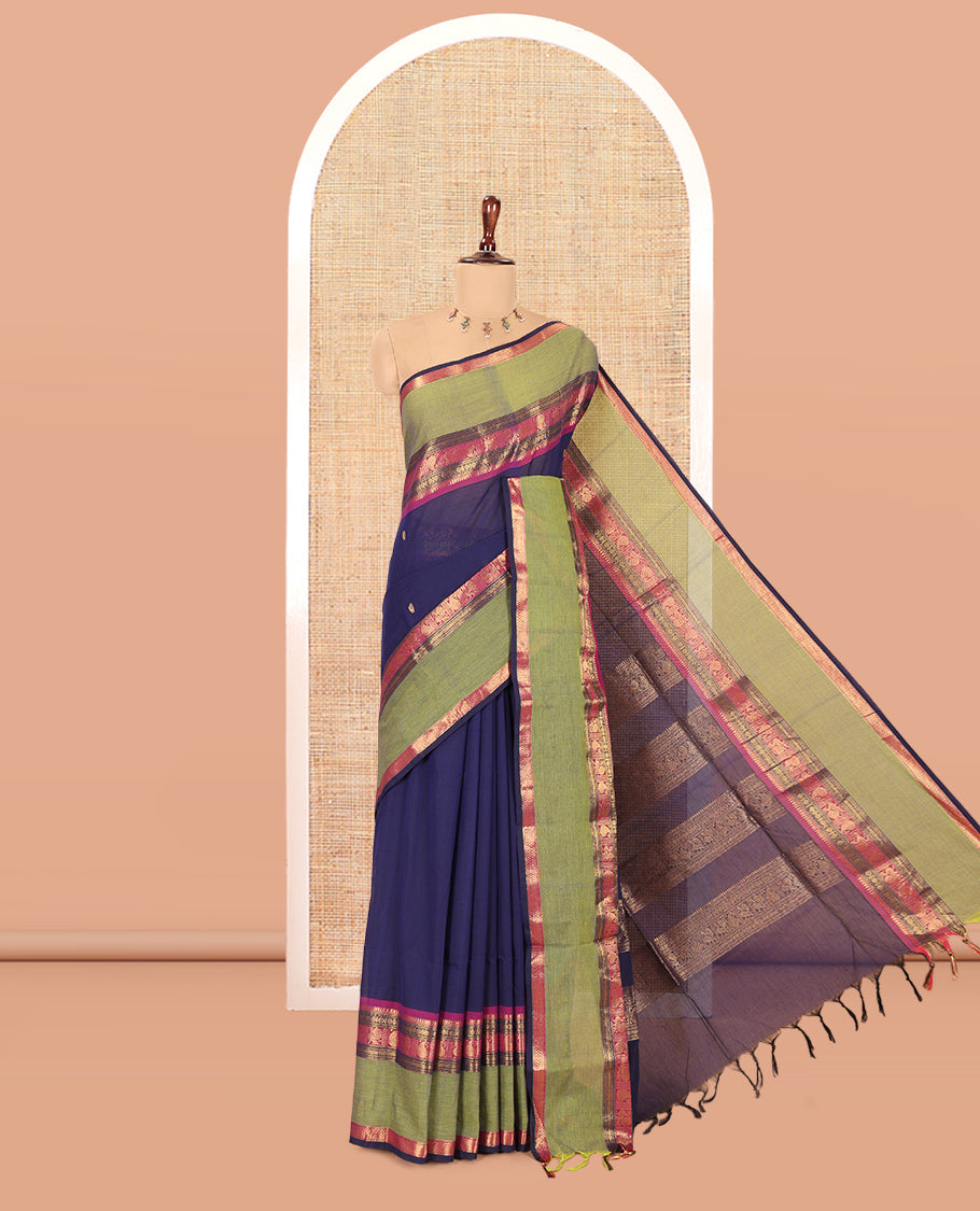Navy Chettinad Cotton Saree, Woven with Zari Buttas, a Contrast Traditional Rettai Pettu Border, Matching Blouse