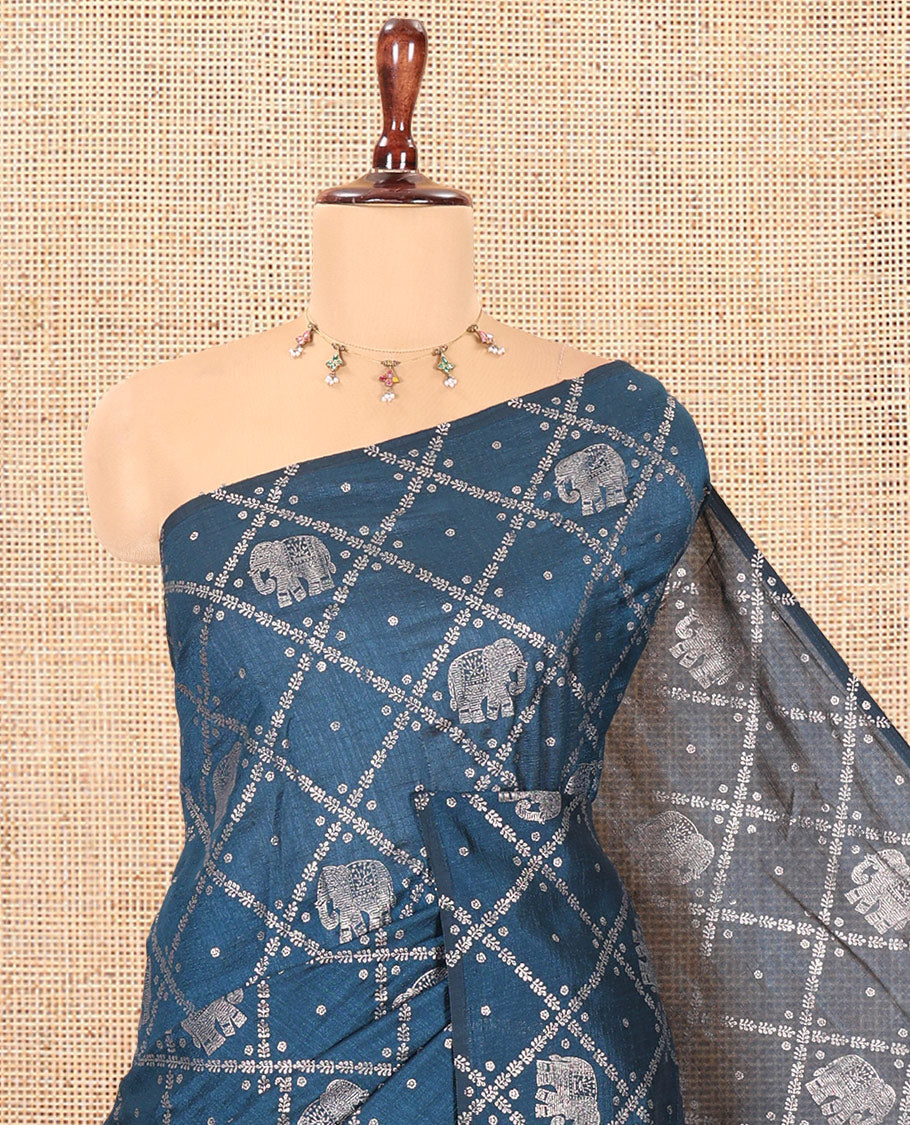 Borderless Blue Vichitra Silk Saree Features Elephant Butta Enclosed Jaal Design, a Self-Pallu, and No Blouse