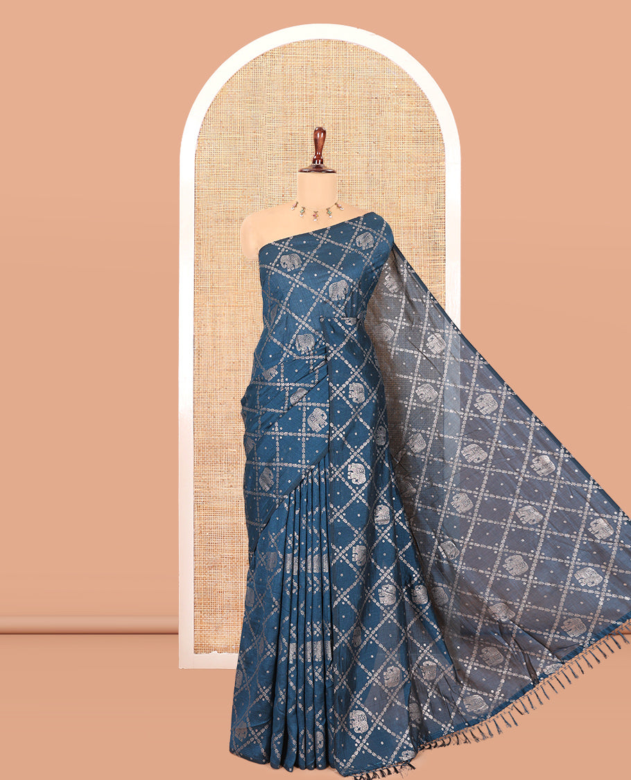 Borderless Blue Vichitra Silk Saree Features Elephant Butta Enclosed Jaal Design, a Self-Pallu, and No Blouse
