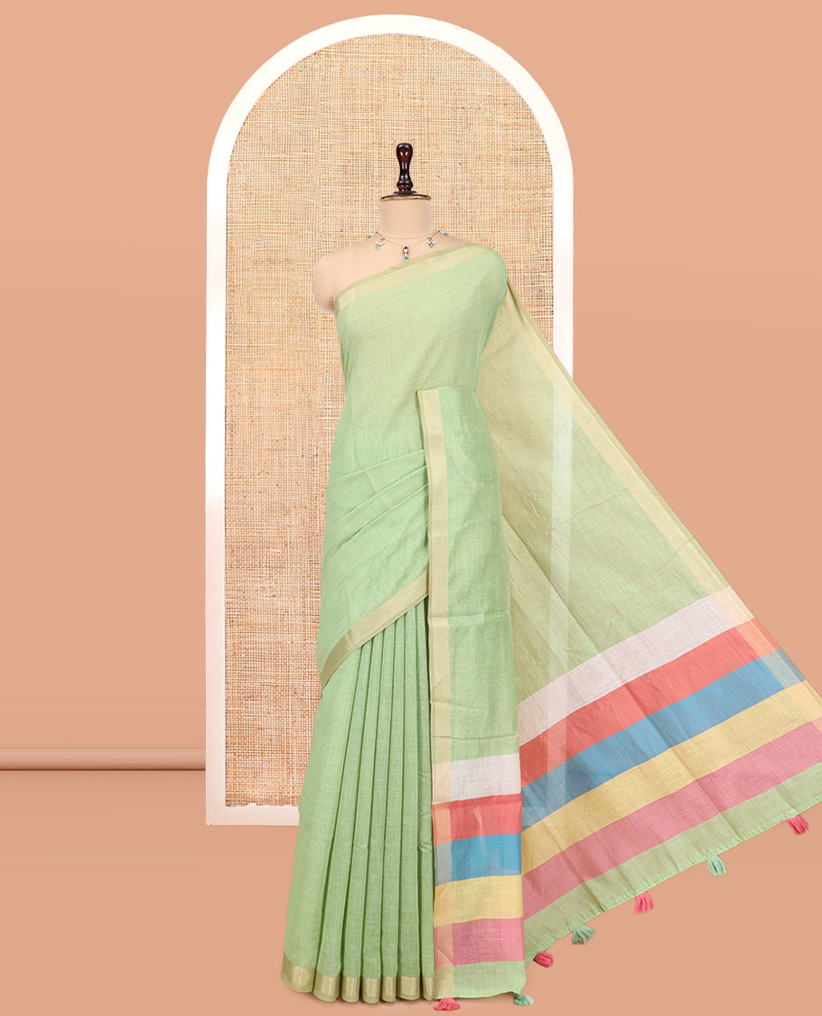 Green Plain Semi-Tussar Saree, a Zari Border, Multi-Colored Striped Pallu, and a Contrast Blouse