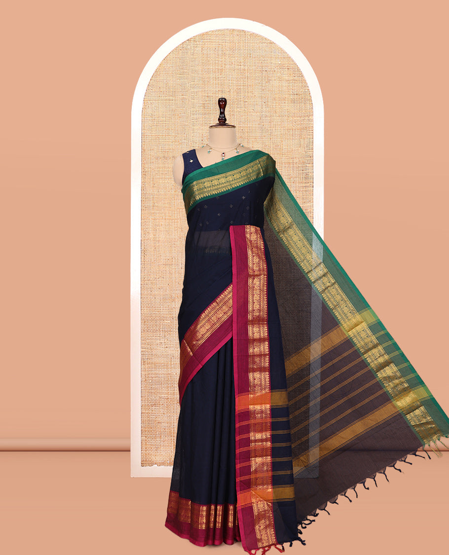 Navy Blue Plain Chettinad Cotton Saree, a Contrast Ganga-Jamuna Traditional Zari Border, Striped Pallu, a Matching Blouse