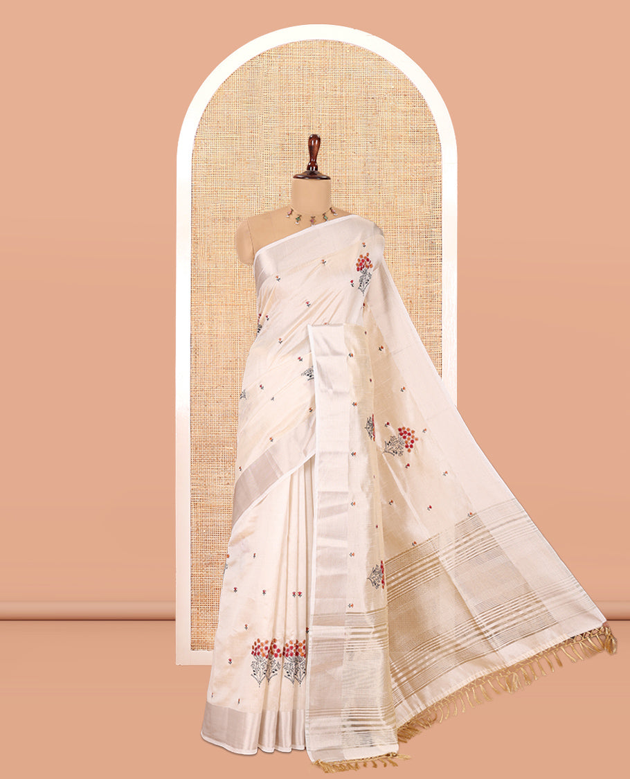 Cream Floral Embroidered Semi-Tussar Saree, a Zari Border, Striped Pallu, Matching Blouse