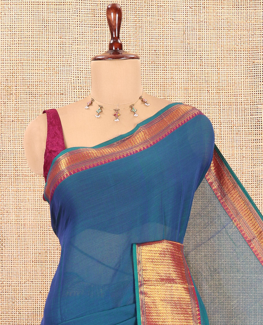 Rama Blue Plain Mercerised Cotton Saree, a Contrast Traditional Zari Border, Striped Pallu and a Matching Blouse