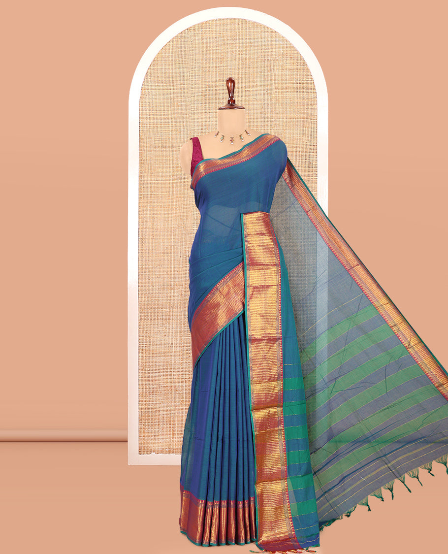 Rama Blue Plain Mercerised Cotton Saree, a Contrast Traditional Zari Border, Striped Pallu and a Matching Blouse