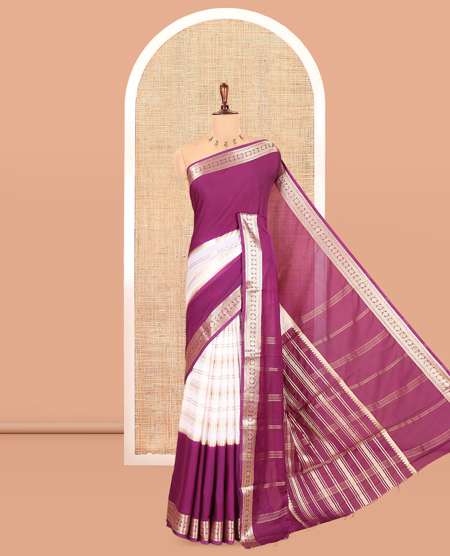 Purple Zari Striped Art Mysore Crepe Saree, a Contrast Traditional Zari Big Border, a Grand Pallu, and a Contrast Blouse
