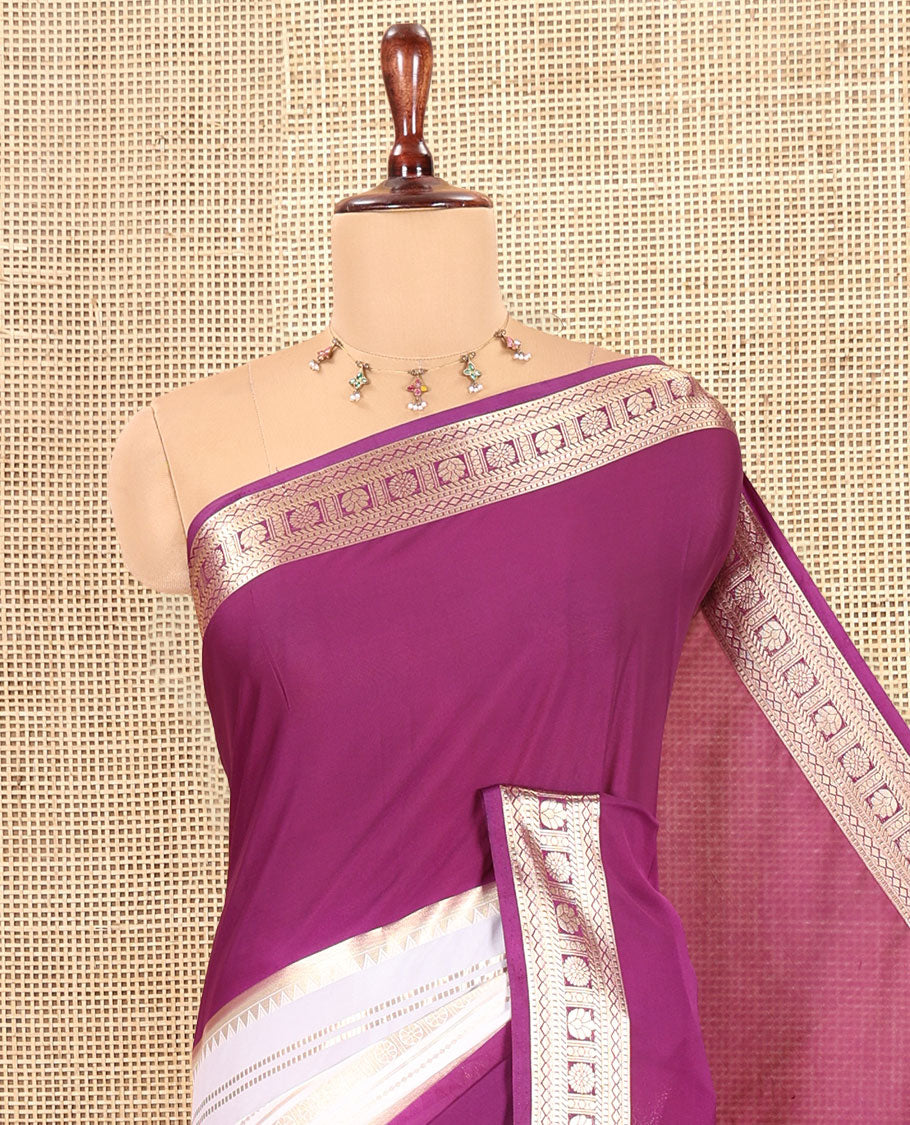 Purple Zari Striped Art Mysore Crepe Saree, a Contrast Traditional Zari Big Border, a Grand Pallu, and a Contrast Blouse