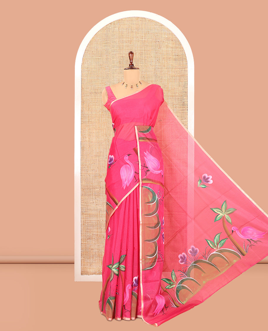 Pink Kota Doria Saree Features Flora-Flamingo Hand-Brush Print, a Piping Border, Matching Blouse