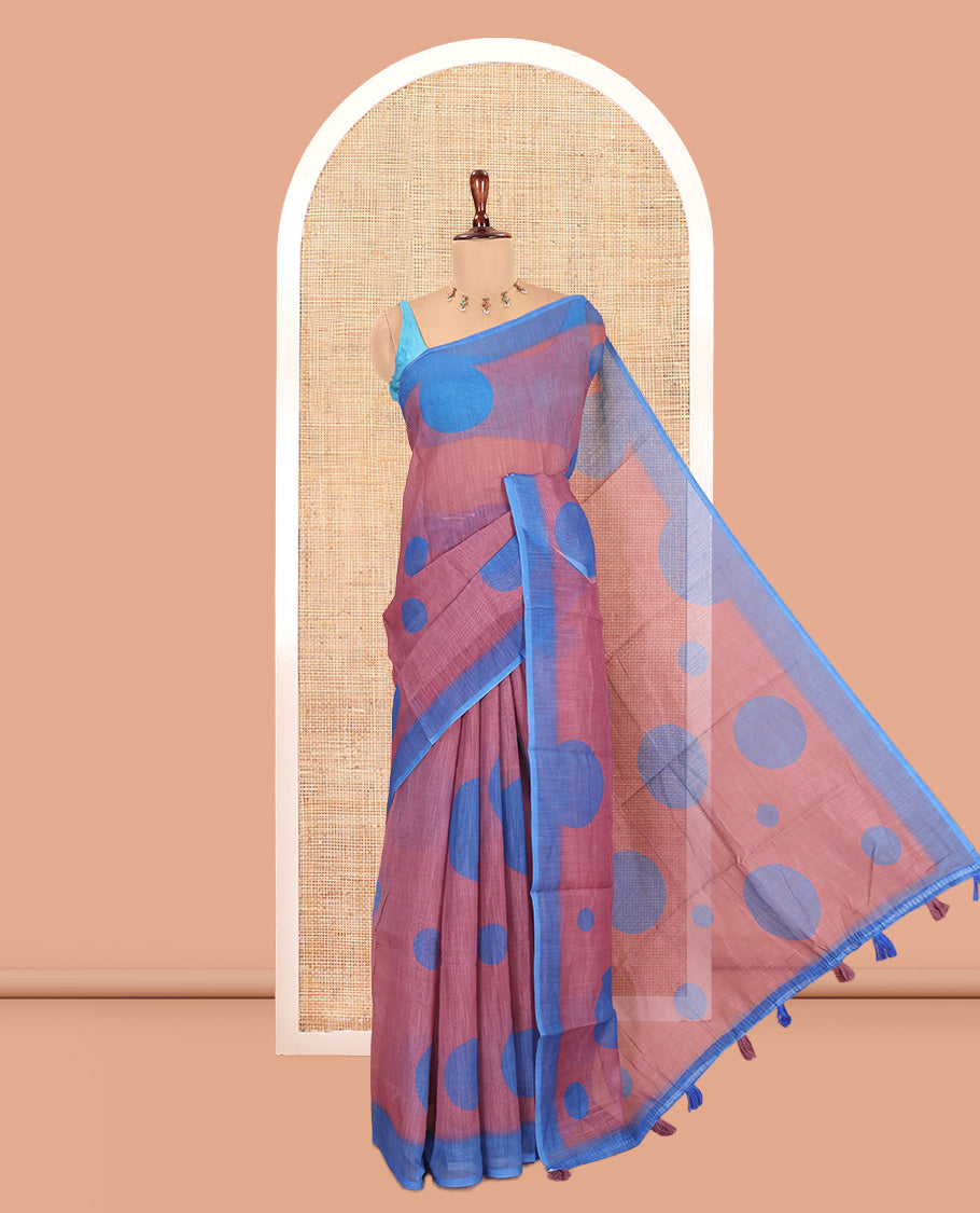Dusky Purple Linen Cotton Saree, Subtly Sparkled with Polka Dot Buttas, a Contrast Border, a Contrast Blouse