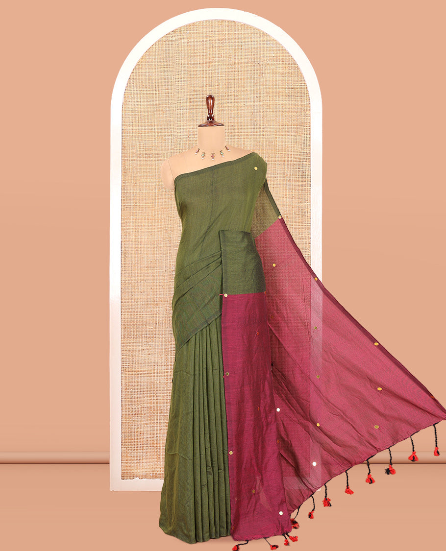 Borderless Olive Green Khadi Cotton Saree
