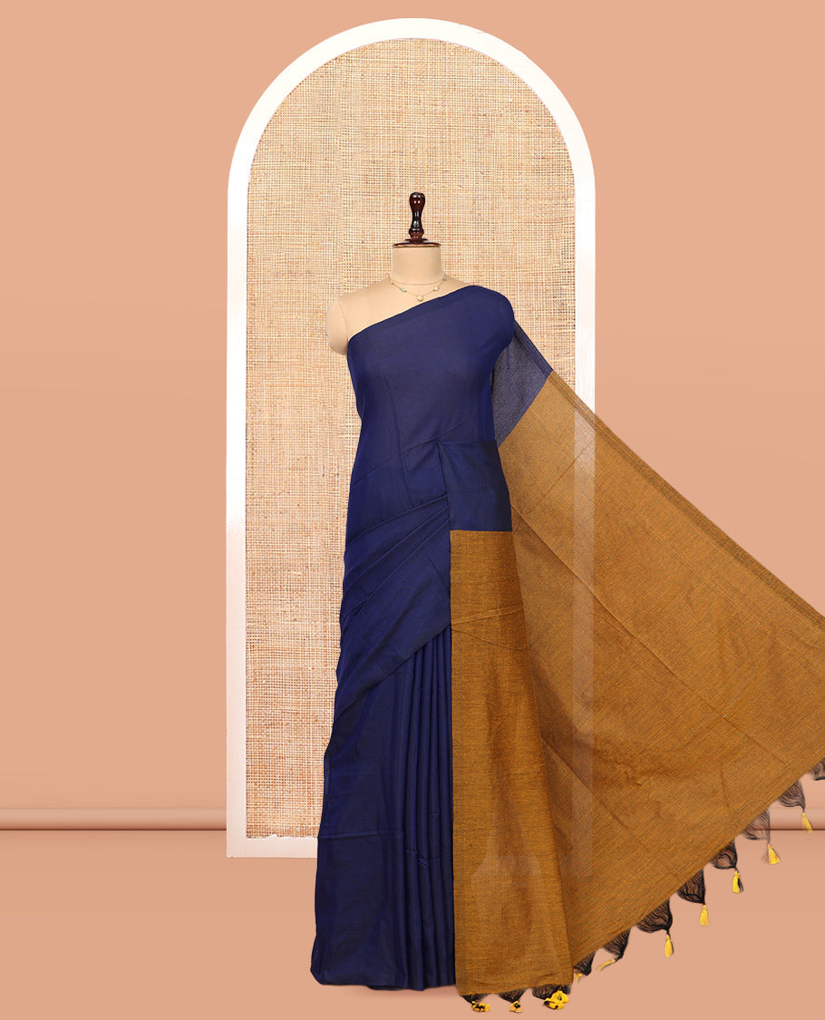 Borderless Royal Blue-Mustard Plain Design Khadi Cotton Saree