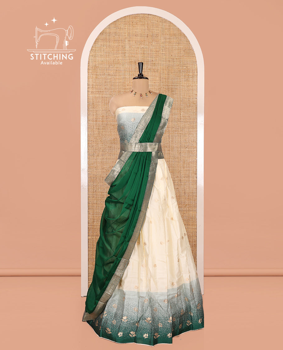 Cream-Green Semi-Silk Half-Saree Featuring Buttas Skirt, Contrast Floral Border, Matching Blouse, Contrast Syska Georgette Dhavani