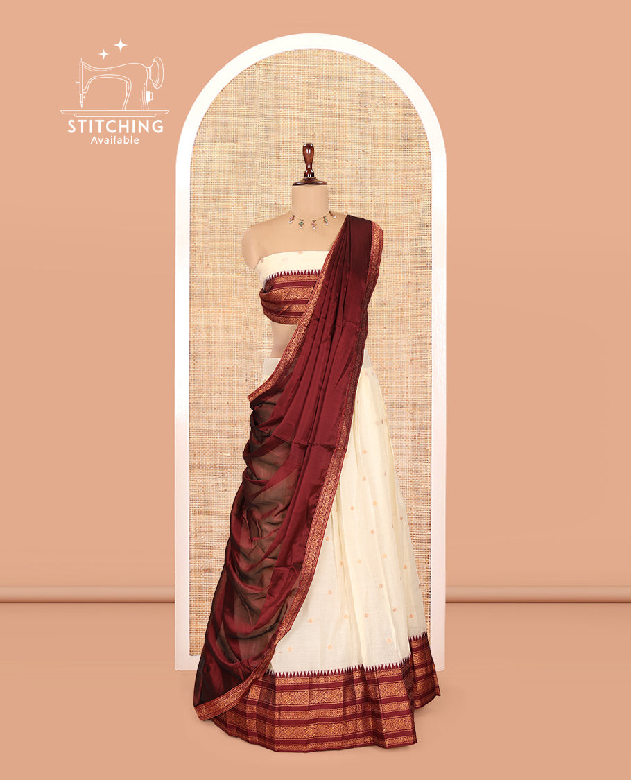 Sandal-Maroon Banaras Kota Half-Saree, Zari Buttas Skirt, Contrast Traditional Border, Matching Blouse, Contrast Dhavani