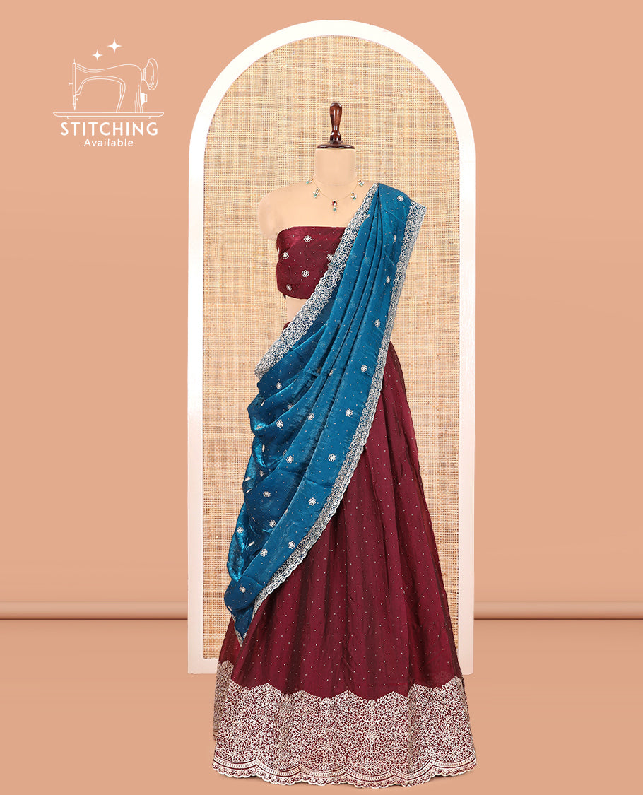Maroon Velvet Organza Half-Saree with Glitter Work Skirt, Embroidered Border, a Matching Blouse, and Contrast Embroidered Dhavani