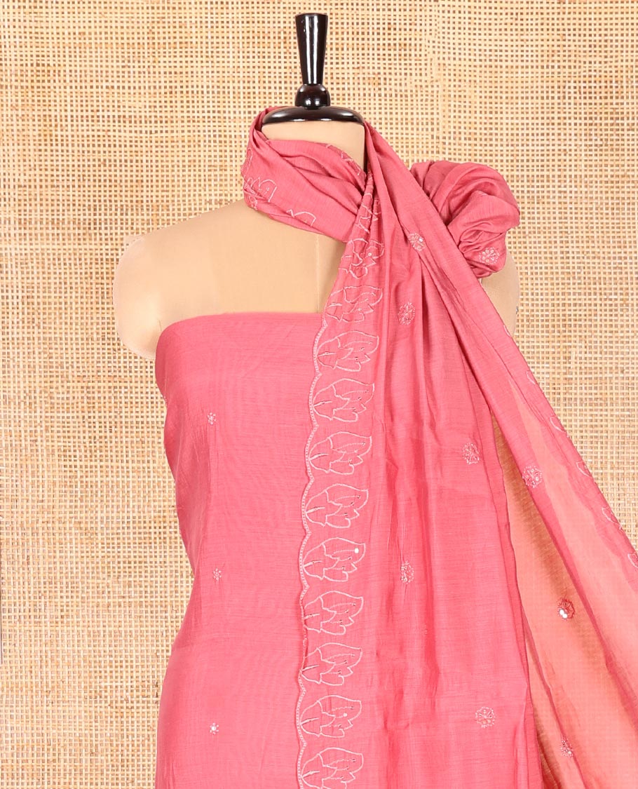Pink Mul Chanderi Material Chudidar Set, Graced with Appliqué Floral Embroidery on Its Top, a Plain Santoon Bottom, and Paired Scallop Embroidered Mul Chanderi Dupatta