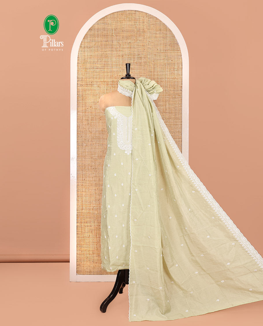 Pista Green Material Chudidar Set, Delicately Woven with Thread Embroidered Motifs Woven on Mul Chanderi Top, a Mul Chanderi Bottom, Paired with Thread-Embroidered Mul Chanderi Scallop-Bordered Dupatta