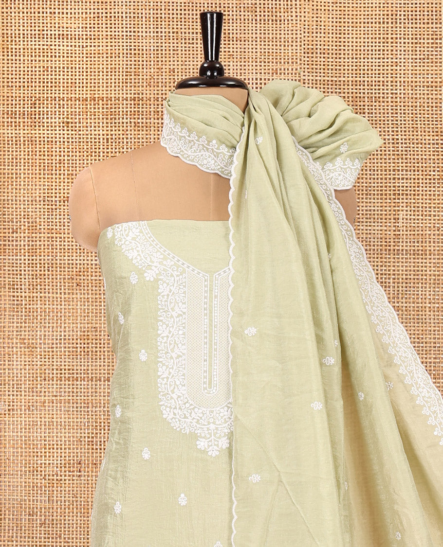 Pista Green Material Chudidar Set, Delicately Woven with Thread Embroidered Motifs Woven on Mul Chanderi Top, a Mul Chanderi Bottom, Paired with Thread-Embroidered Mul Chanderi Scallop-Bordered Dupatta